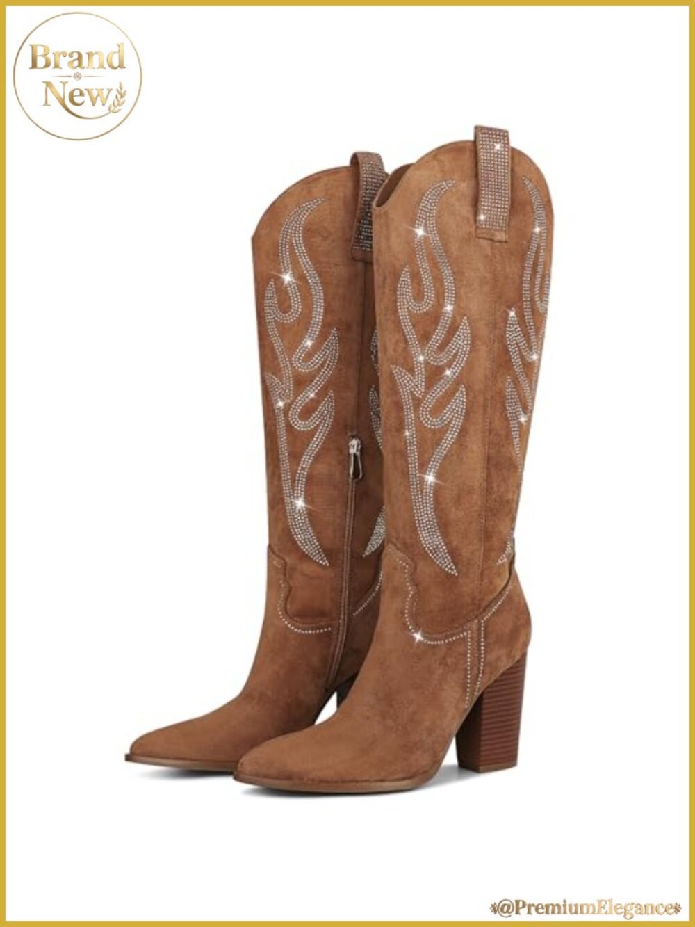 Embroidered Rhinestone Cowboy Boots Pointed Toe Knee-High Western